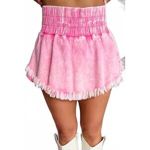 NEW LOVESOFT smocked waistband frayed denim skort in pink